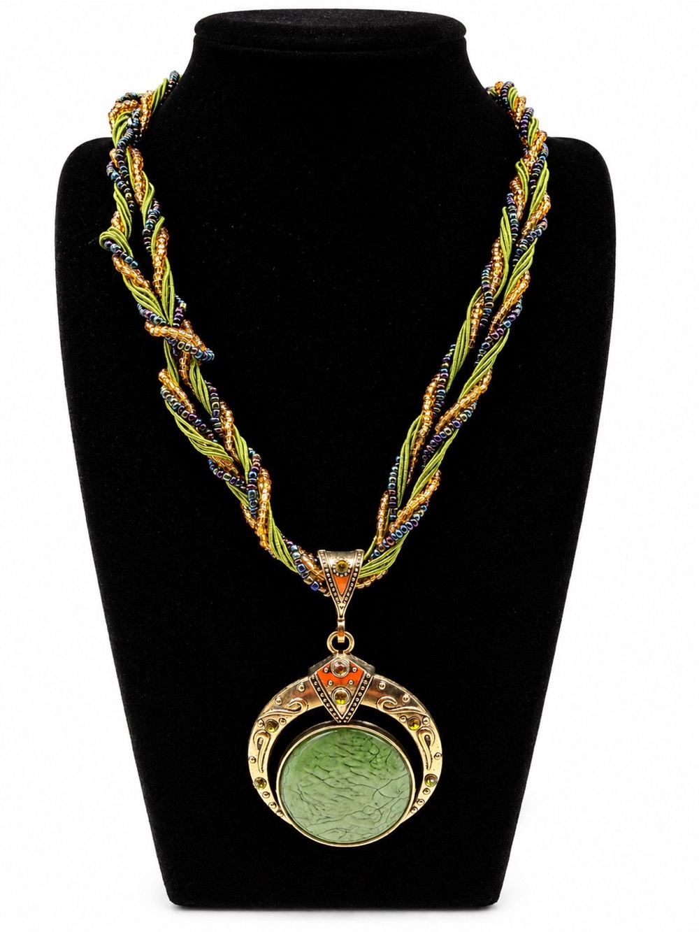 Green Stone Braided Pendant Necklace - Unbranded